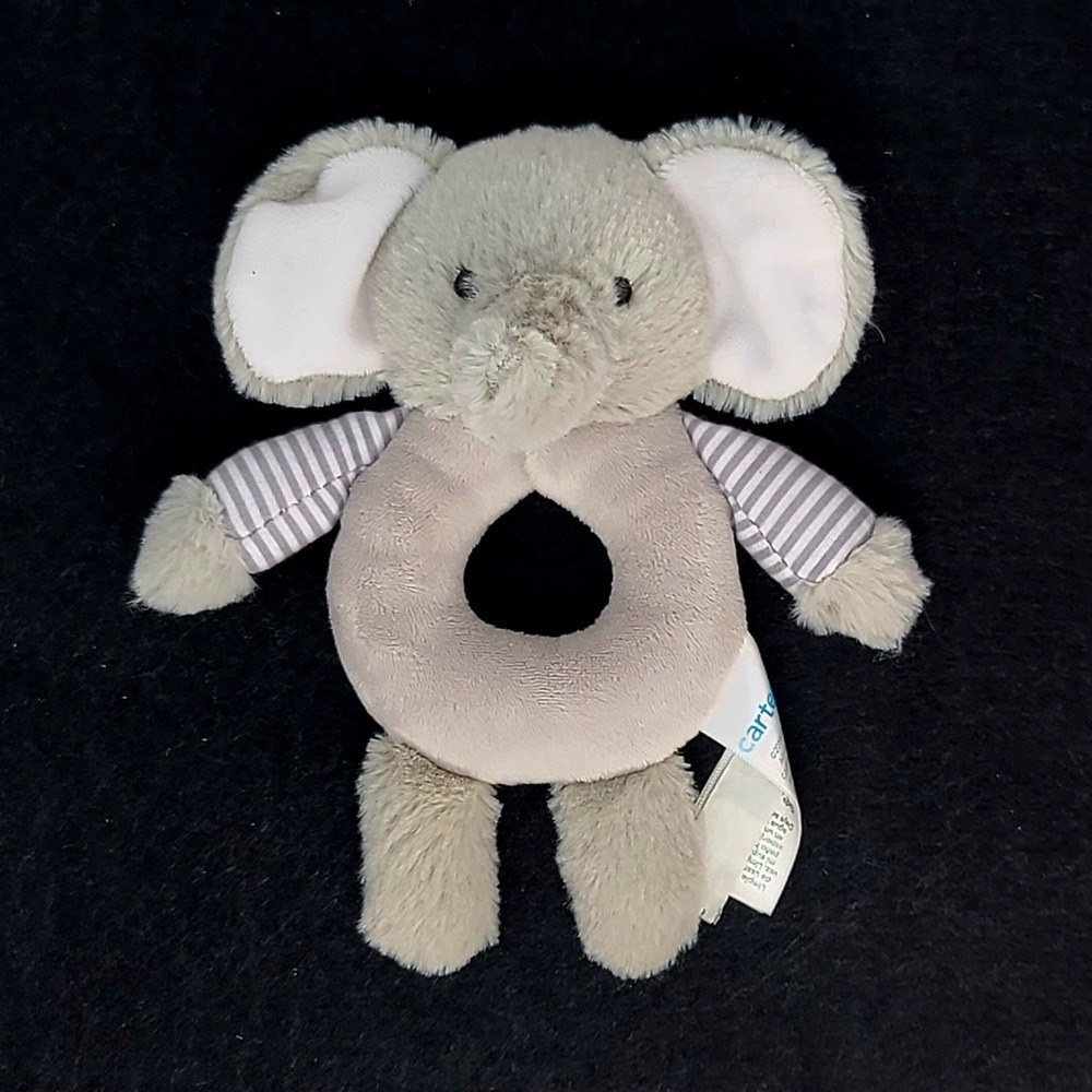 Carter's Elephant Plush Ring Rattle Baby Toy Gray Striped 2019 Soft Good